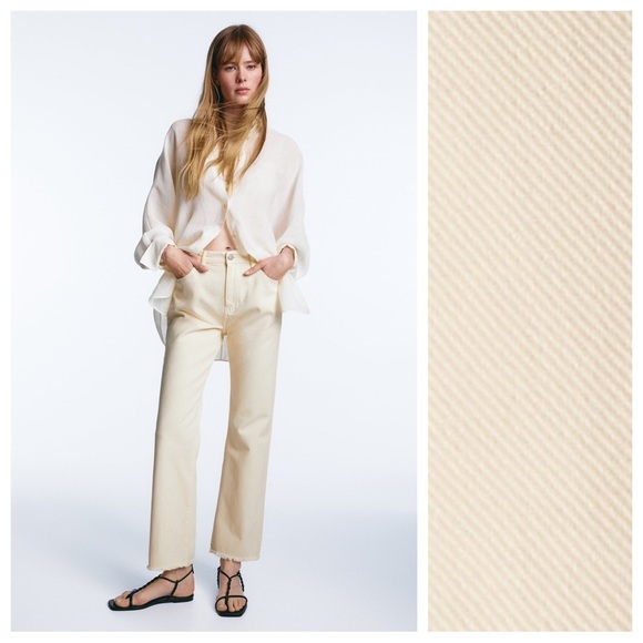 NWT. Massimo Dutti Cream/Light Yellow Straight Fit High-Waist Cropped Jeans. Siz - Picture 1 of 10
